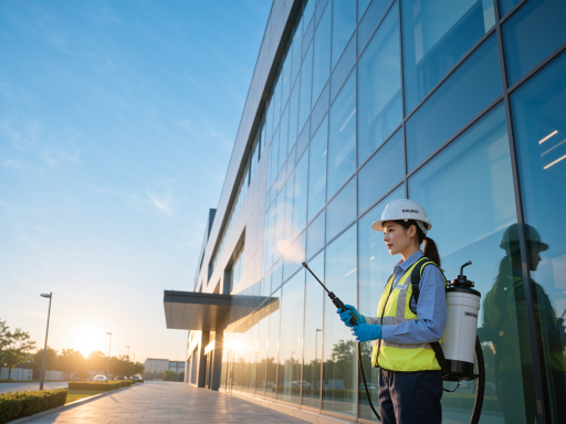 防护装备,工作人员穿着防护服,佩戴安全帽和护目镜,手持清洁工具进行作业